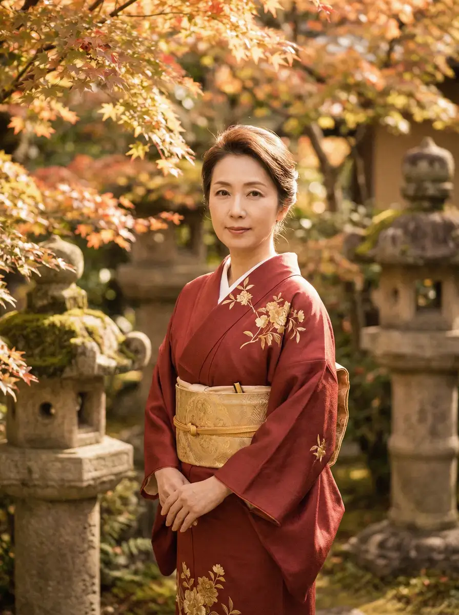 一位身穿暗红色和服的优雅 退出公会命令 在日式庭院中